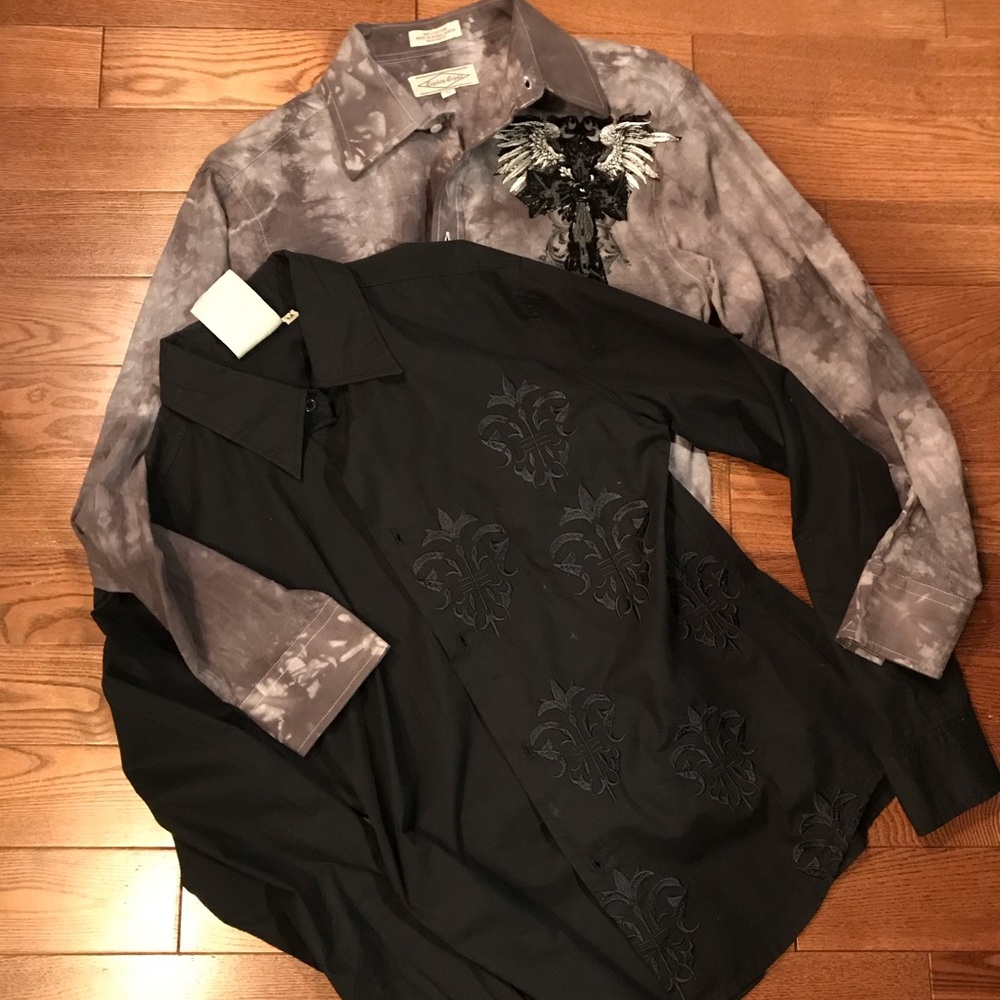 TWO men’s rockstar button up shirts.